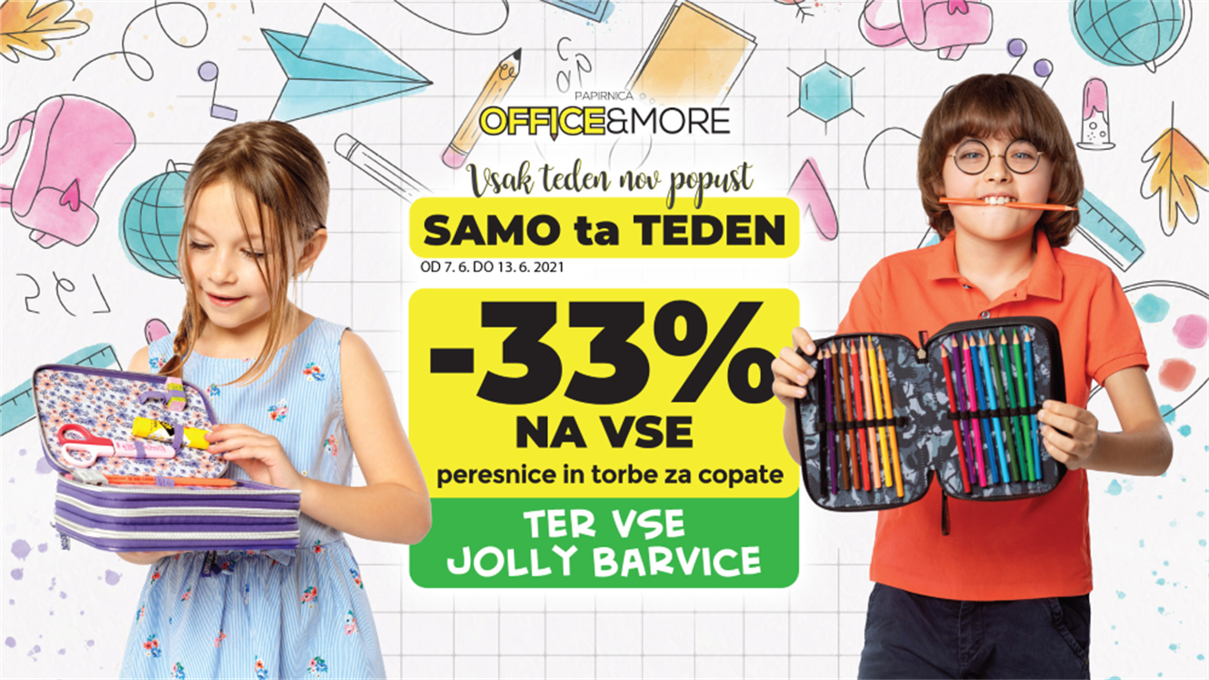 Office&More: - 33 % na peresnice, vrečke za copate in barvice Jolly